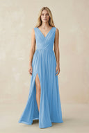V-Neck Chiffon Pleated A-Line Bridesmaid Dress in Steel Blue - SHE IS ME BRIDESMAID DRESSES