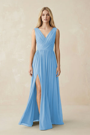 V-Neck Chiffon Pleated A-Line Bridesmaid Dress in Steel Blue - SHE IS ME BRIDESMAID DRESSES