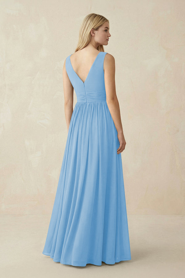 V-Neck Chiffon Pleated A-Line Bridesmaid Dress in Steel Blue - SHE IS ME BRIDESMAID DRESSES