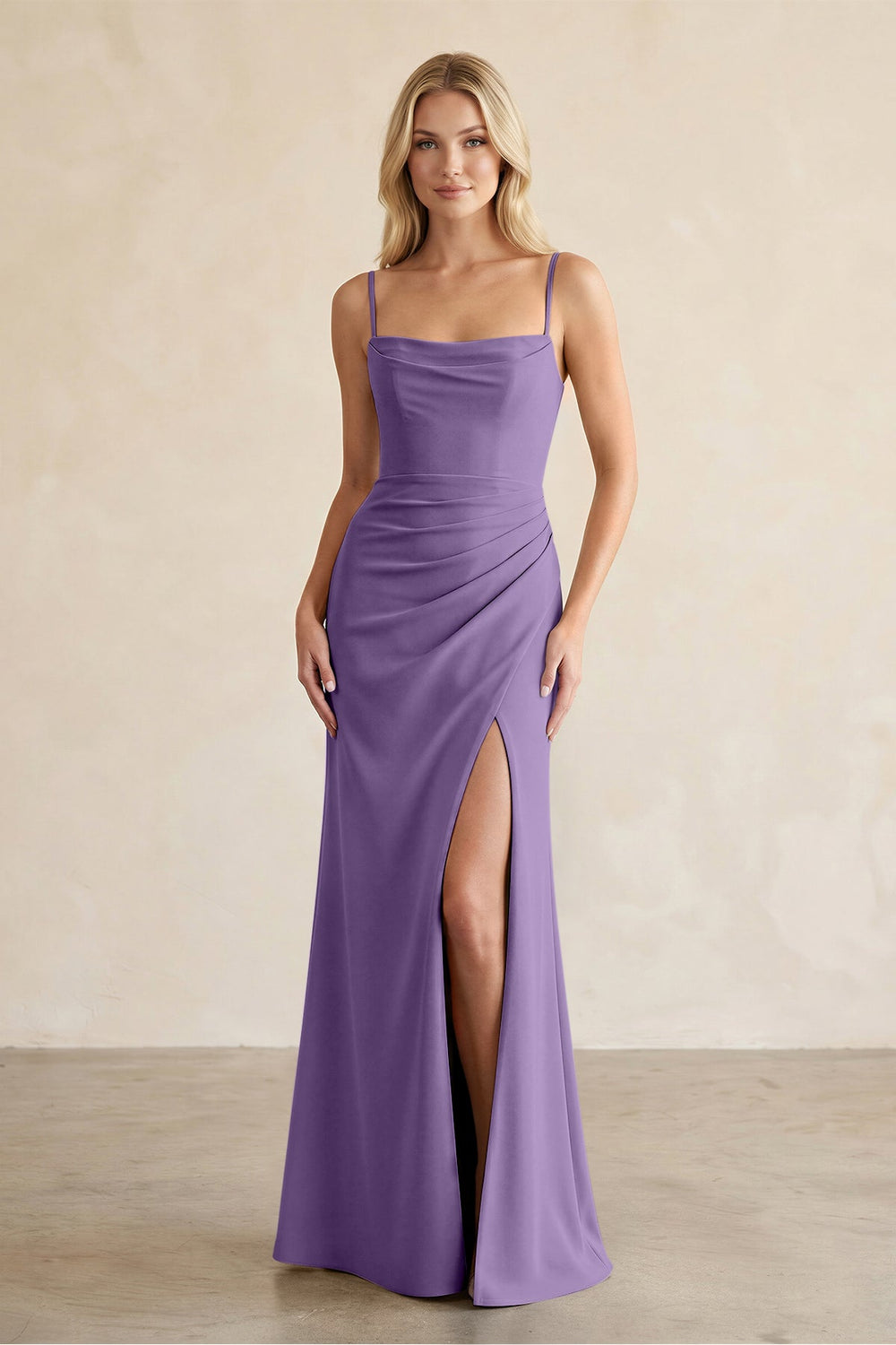 Cami Strap Chiffon Sheath Bridesmaid Dress with Slit in Tahiti - KISS BRIDAL BRIDESMAID DRESSES