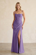 Cami Strap Chiffon Sheath Bridesmaid Dress with Slit in Tahiti - SHE IS ME BRIDESMAID DRESSES