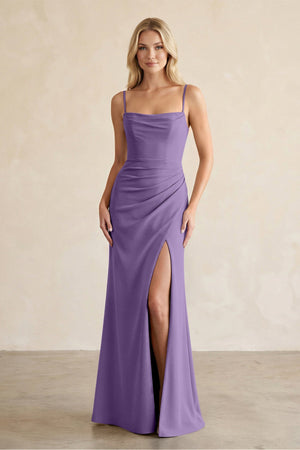 Cami Strap Chiffon Sheath Bridesmaid Dress with Slit in Tahiti - SHE IS ME BRIDESMAID DRESSES