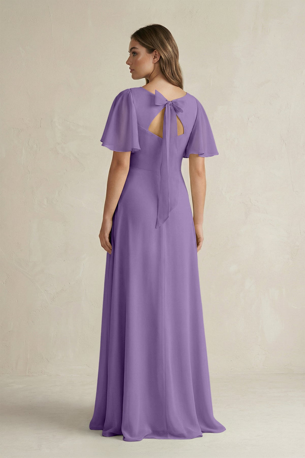 Flutter Sleeve V-Neck A-Line Chiffon Bridesmaid Dress in Tahiti