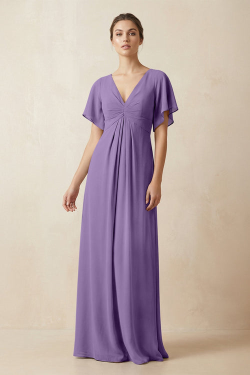 Short Sleeve V-Neck Chiffon A-Line Bridesmaid Dress in Tahiti - SHE IS ME BRIDESMAID DRESSES