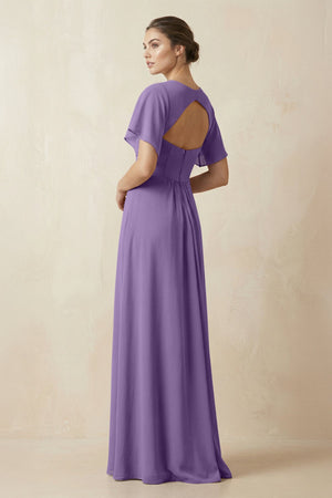 Short Sleeve V-Neck Chiffon A-Line Bridesmaid Dress in Tahiti - SHE IS ME BRIDESMAID DRESSES