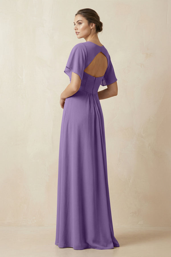 Short Sleeve V-Neck Chiffon A-Line Bridesmaid Dress in Tahiti - SHE IS ME BRIDESMAID DRESSES