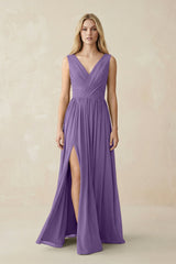 V-Neck Chiffon Pleated A-Line Bridesmaid Dress in Tahiti - KISS BRIDAL BRIDESMAID DRESSES