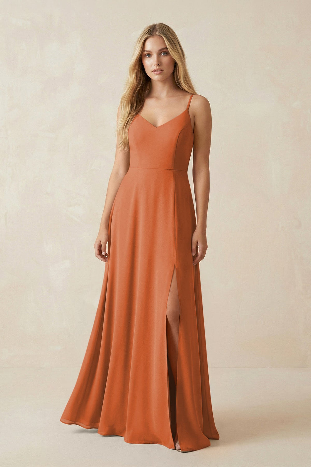 Cami Strap A-Line Chiffon Bridesmaid Dress with Slit in Terracotta - KISS BRIDAL BRIDESMAID DRESSES