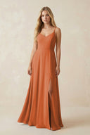 Cami Strap A-Line Chiffon Bridesmaid Dress with Slit in Terracotta - SHE IS ME BRIDESMAID DRESSES