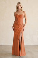 Cami Strap Chiffon Sheath Bridesmaid Dress with Slit in Terracotta - SHE IS ME BRIDESMAID DRESSES