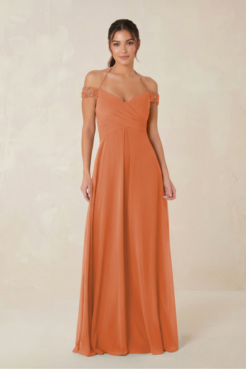 A-Line Off-the-Shoulder Chiffon Bridesmaid Dress in Terracotta - KISS BRIDAL BRIDESMAID DRESSES