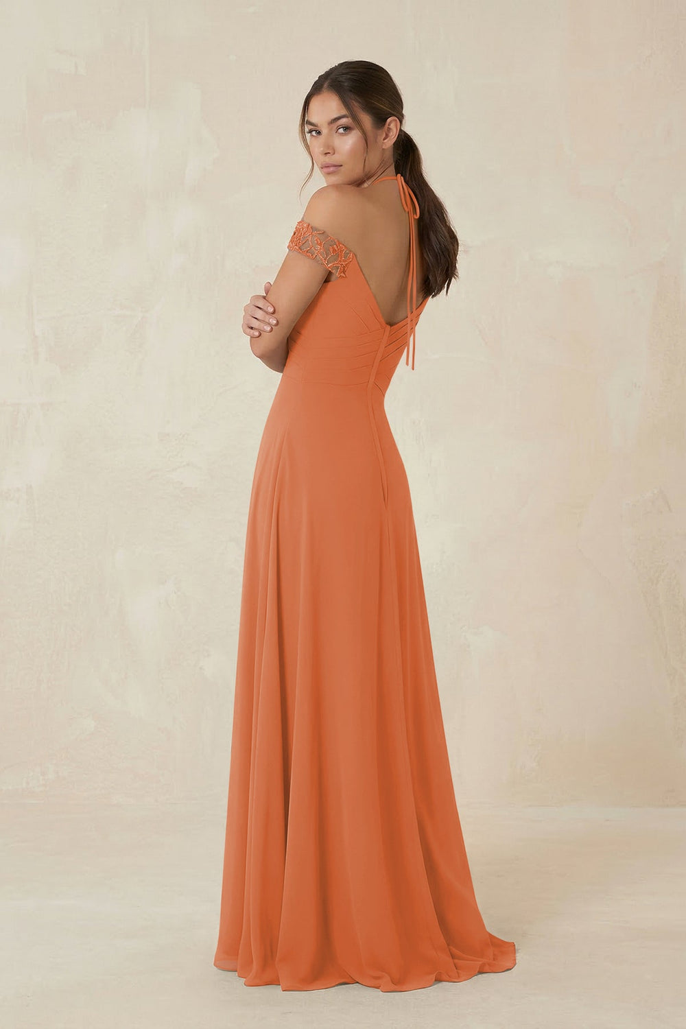 A-Line Off-the-Shoulder Chiffon Bridesmaid Dress in Terracotta - KISS BRIDAL BRIDESMAID DRESSES