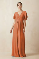 Short Sleeve V-Neck Chiffon A-Line Bridesmaid Dress in Terracotta - SHE IS ME BRIDESMAID DRESSES