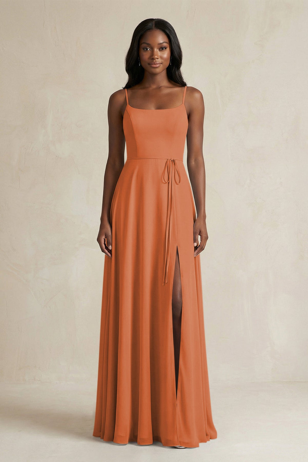 A-Line Spaghetti Straps Chiffon Bridesmaid Dress in Terracotta - KISS BRIDAL BRIDESMAID DRESSES