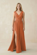 V-Neck Chiffon Pleated A-Line Bridesmaid Dress in Terracotta - SHE IS ME BRIDESMAID DRESSES