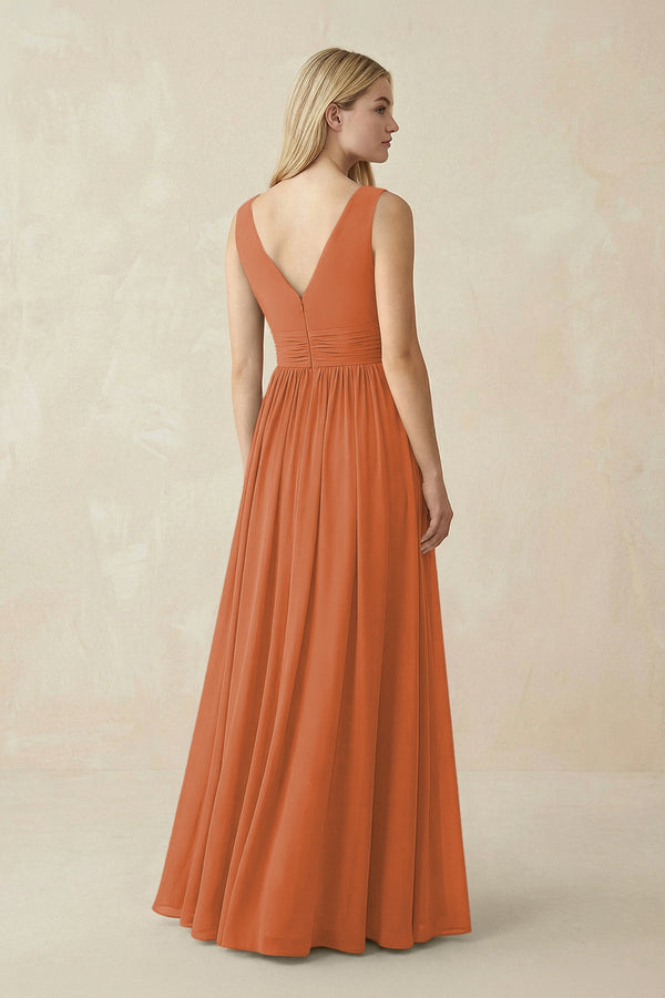 V-Neck Chiffon Pleated A-Line Bridesmaid Dress in Terracotta - SHE IS ME BRIDESMAID DRESSES