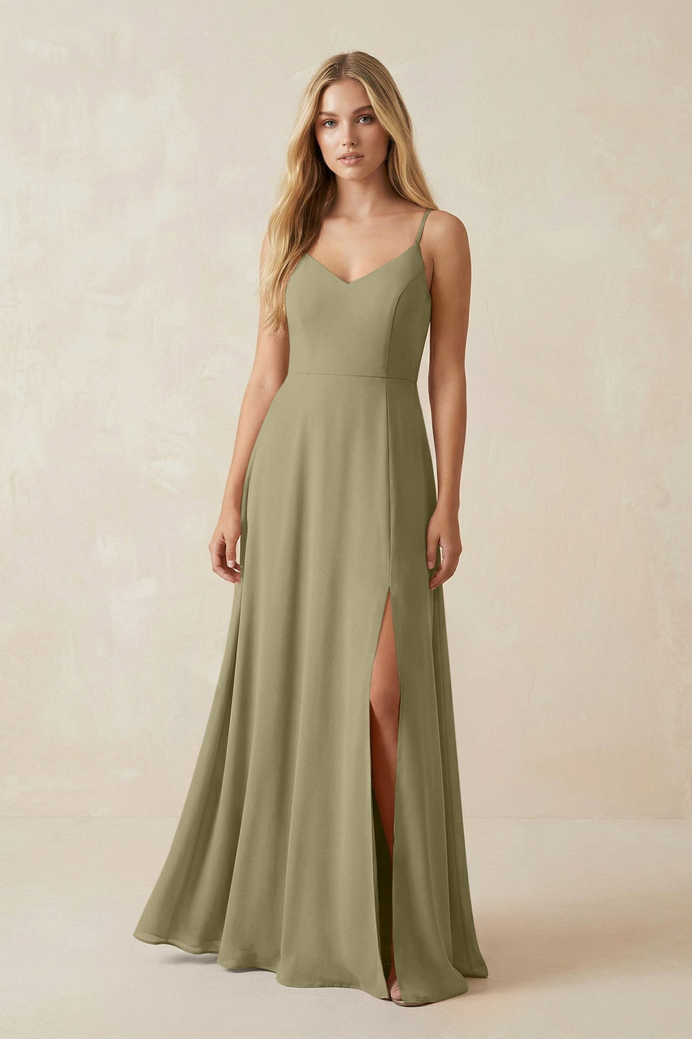Cami Strap A-Line Chiffon Bridesmaid Dress with Slit in Thyme - KISS BRIDAL BRIDESMAID DRESSES