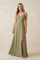 Cami Strap A-Line Chiffon Bridesmaid Dress with Slit in Thyme - SHE IS ME BRIDESMAID DRESSES