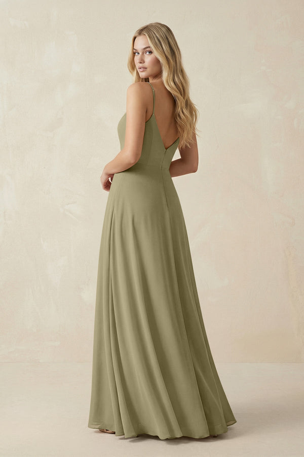 Cami Strap A-Line Chiffon Bridesmaid Dress with Slit in Thyme - SHE IS ME BRIDESMAID DRESSES
