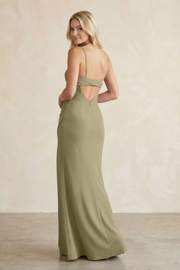 Cami Strap Chiffon Sheath Bridesmaid Dress with Slit in Thyme - SHE IS ME BRIDESMAID DRESSES