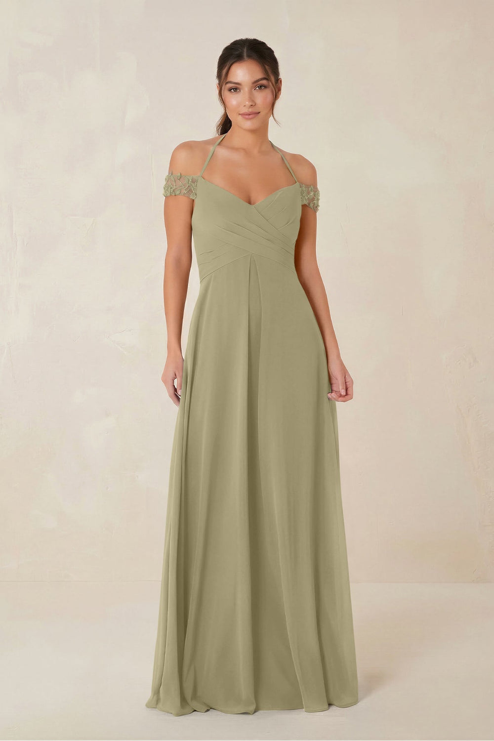 A-Line Off-the-Shoulder Chiffon Bridesmaid Dress in Thyme - KISS BRIDAL BRIDESMAID DRESSES