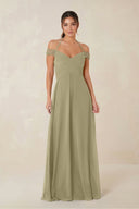 A-Line Off-the-Shoulder Chiffon Bridesmaid Dress in Thyme - SHE IS ME BRIDESMAID DRESSES