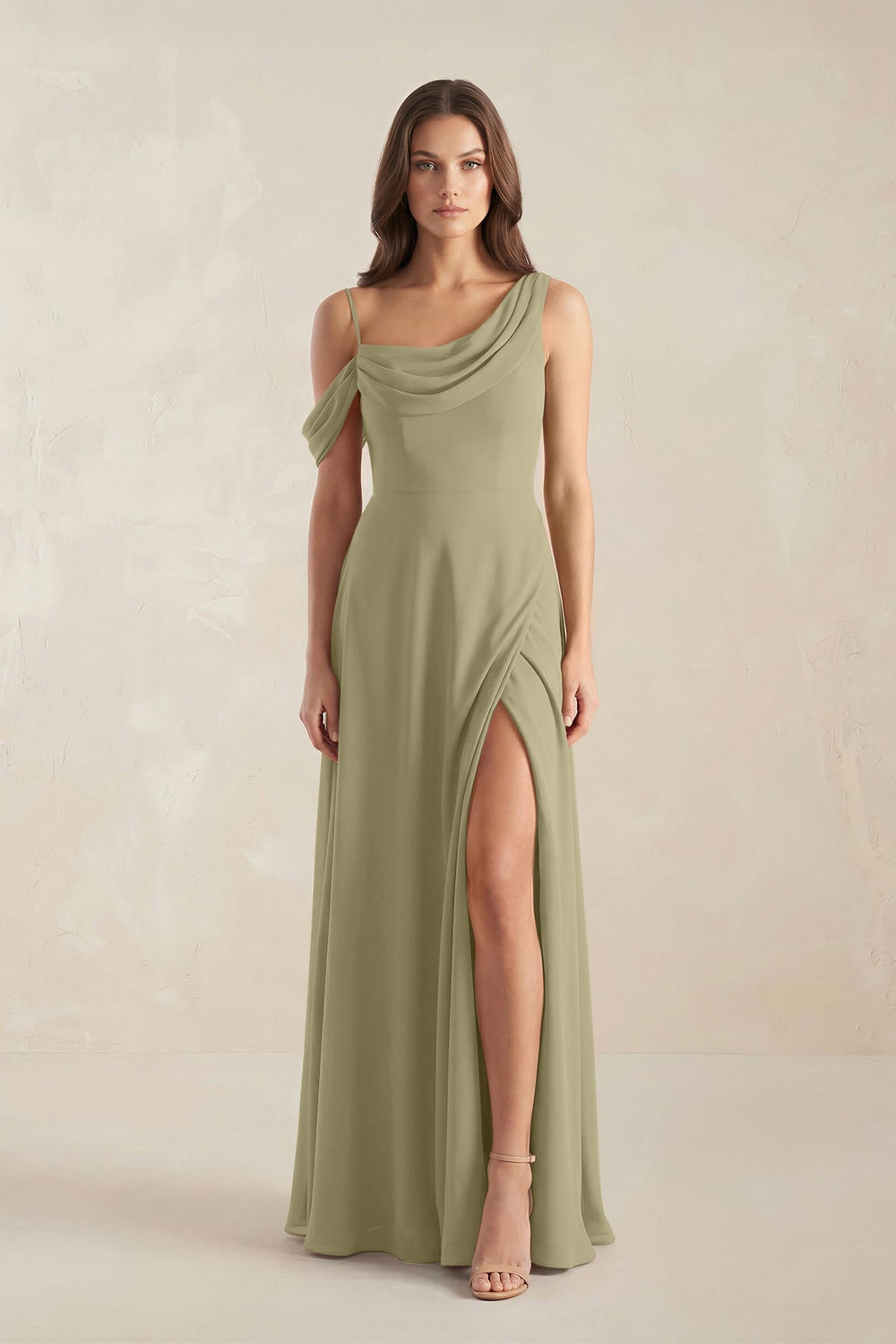 One-Shoulder Chiffon A-Line Bridesmaid Dress in Thyme - KISS BRIDAL BRIDESMAID DRESSES