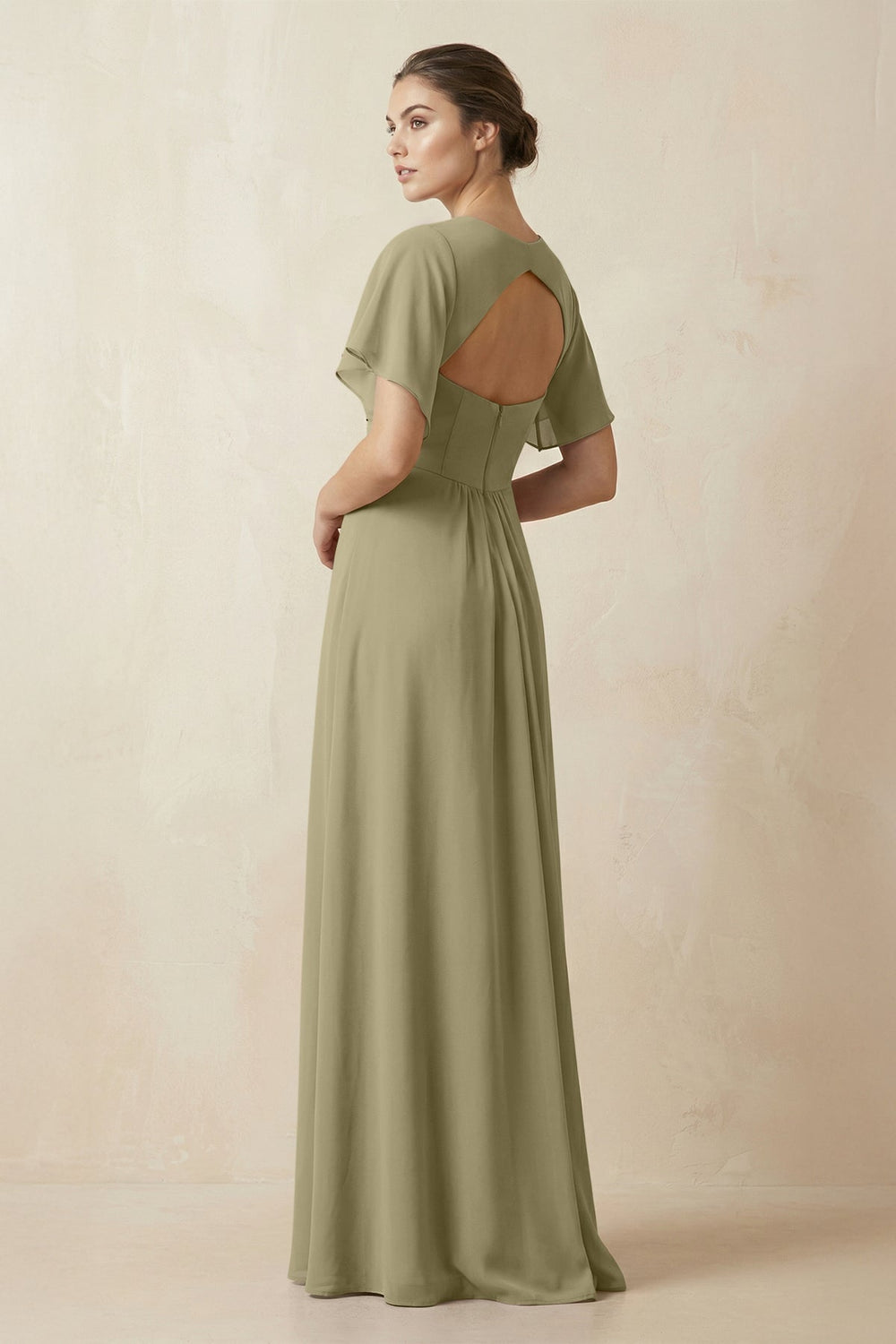 Short Sleeve V-Neck Chiffon A-Line Bridesmaid Dress in Thyme - KISS BRIDAL BRIDESMAID DRESSES
