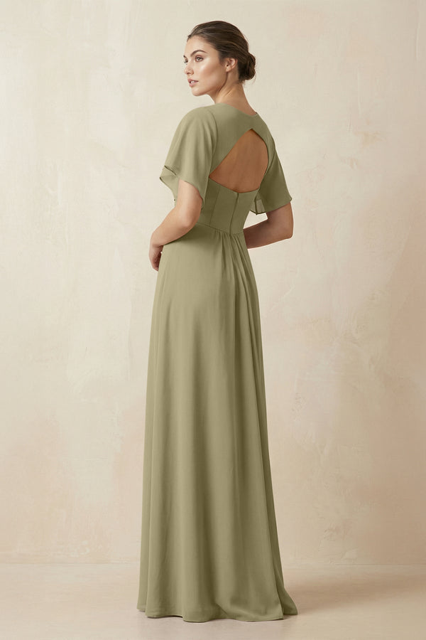 Short Sleeve V-Neck Chiffon A-Line Bridesmaid Dress in Thyme - SHE IS ME BRIDESMAID DRESSES
