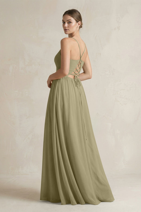 A-Line Spaghetti Strap Chiffon Bridesmaid Dress in Thyme - SHE IS ME BRIDESMAID DRESSES