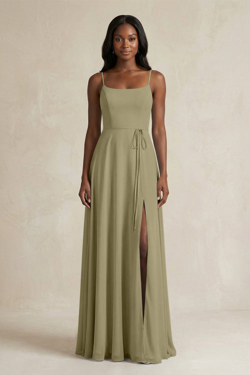 A-Line Spaghetti Straps Chiffon Bridesmaid Dress in Thyme