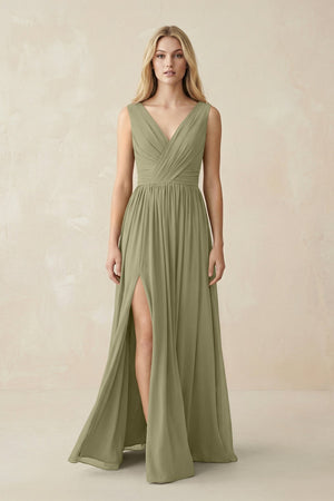 V-Neck Chiffon Pleated A-Line Bridesmaid Dress in Thyme - SHE IS ME BRIDESMAID DRESSES