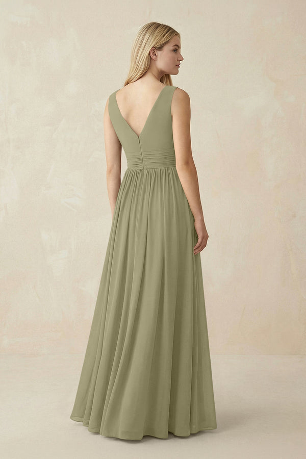 V-Neck Chiffon Pleated A-Line Bridesmaid Dress in Thyme - SHE IS ME BRIDESMAID DRESSES