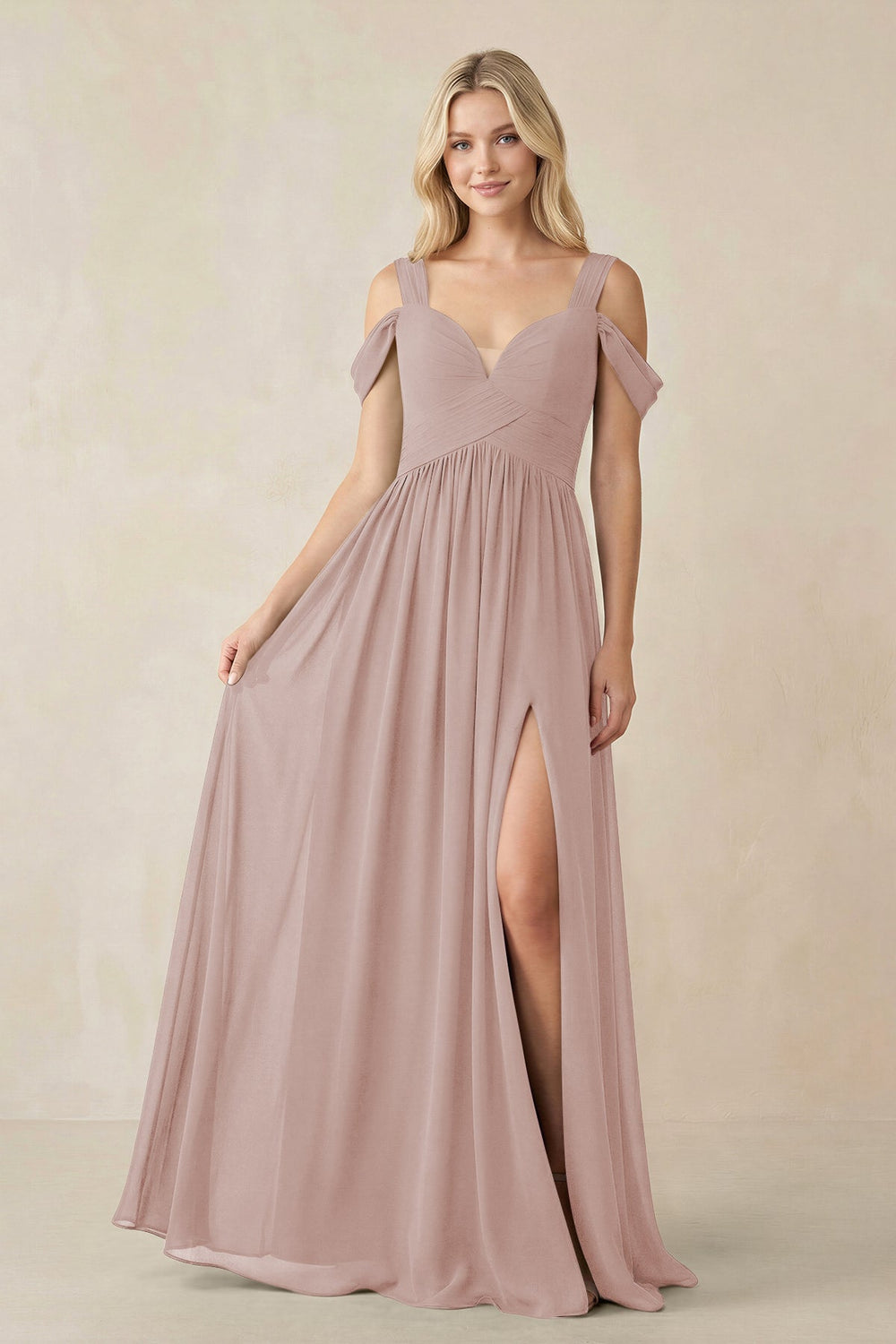 Chiffon A-Line Bridesmaid Dress with Slit  in Toffee - KISS BRIDAL BRIDESMAID DRESSES