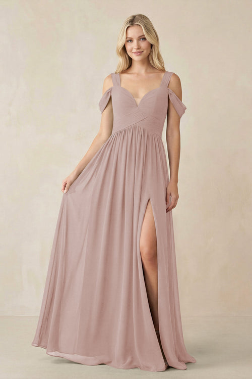 Chiffon A-Line Bridesmaid Dress with Slit  in Toffee - SHE IS ME BRIDESMAID DRESSES