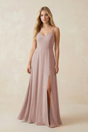 Cami Strap A-Line Chiffon Bridesmaid Dress with Slit in Toffee - SHE IS ME BRIDESMAID DRESSES