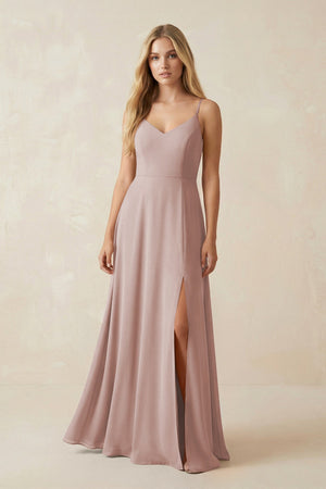 Cami Strap A-Line Chiffon Bridesmaid Dress with Slit in Toffee - SHE IS ME BRIDESMAID DRESSES