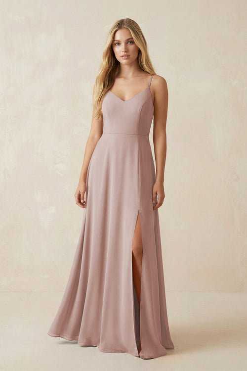 Cami Strap A-Line Chiffon Bridesmaid Dress with Slit in Toffee - SHE IS ME BRIDESMAID DRESSES
