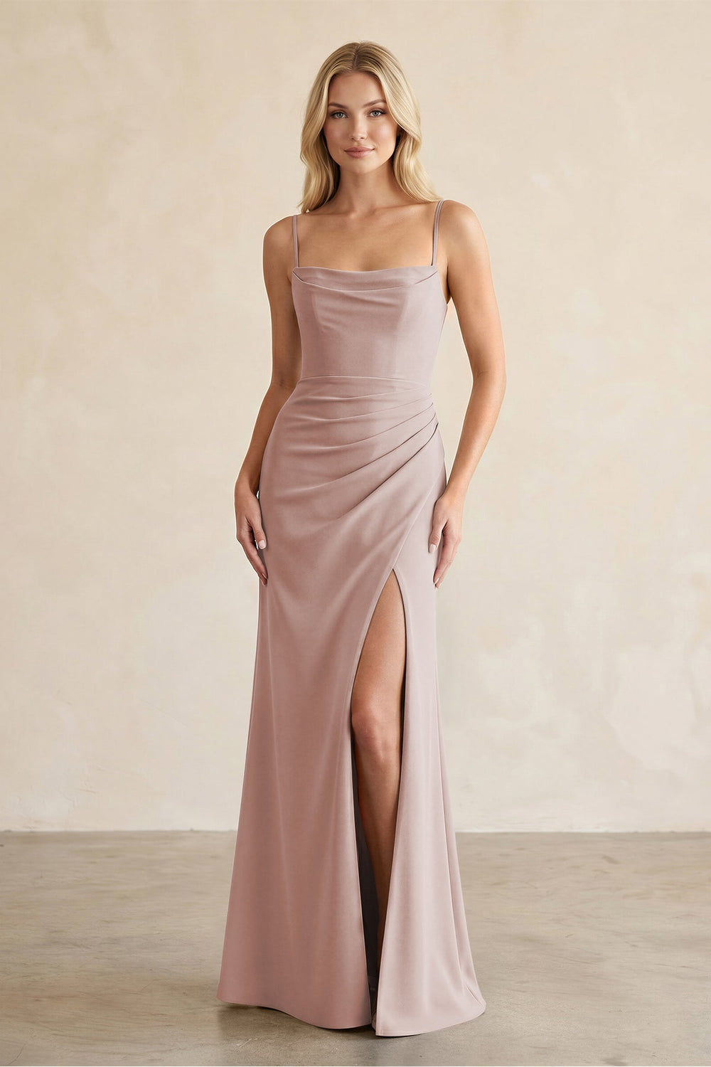 Cami Strap Chiffon Sheath Bridesmaid Dress with Slit in Toffee - KISS BRIDAL BRIDESMAID DRESSES