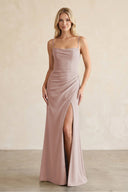 Cami Strap Chiffon Sheath Bridesmaid Dress with Slit in Toffee - SHE IS ME BRIDESMAID DRESSES