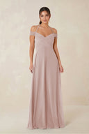 A-Line Off-the-Shoulder Chiffon Bridesmaid Dress in Toffee - KISS BRIDAL BRIDESMAID DRESSES