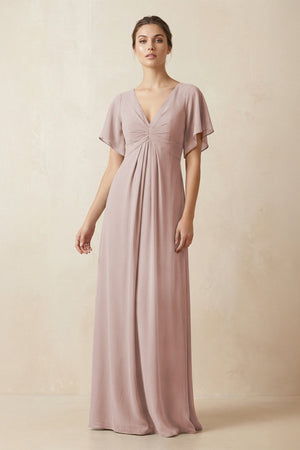 Short Sleeve V-Neck Chiffon A-Line Bridesmaid Dress in Toffee - SHE IS ME BRIDESMAID DRESSES