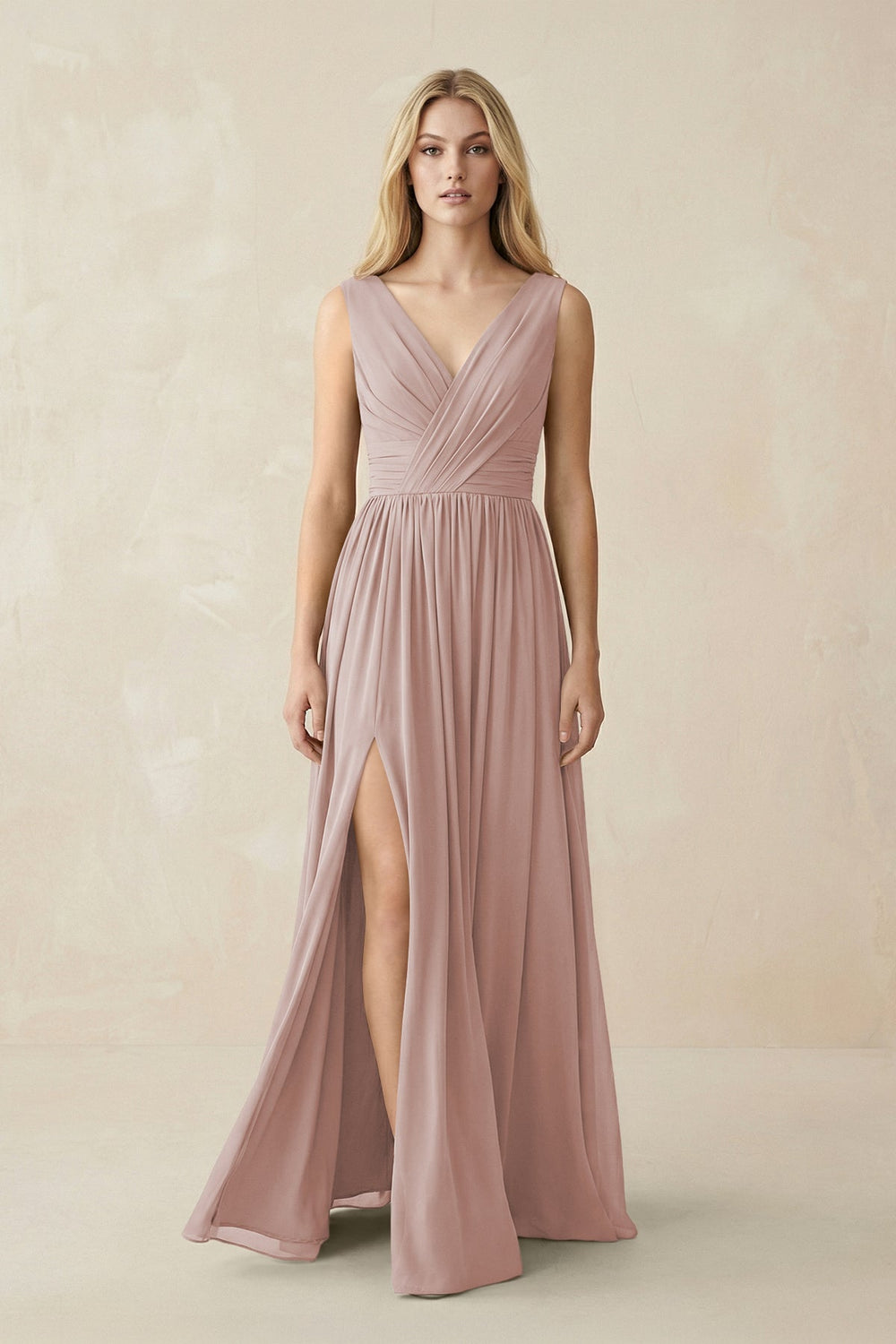 V-Neck Chiffon Pleated A-Line Bridesmaid Dress in Toffee - KISS BRIDAL BRIDESMAID DRESSES