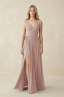 V-Neck Chiffon Pleated A-Line Bridesmaid Dress in Toffee - SHE IS ME BRIDESMAID DRESSES