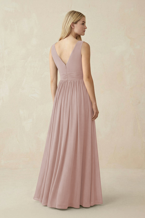 V-Neck Chiffon Pleated A-Line Bridesmaid Dress in Toffee - SHE IS ME BRIDESMAID DRESSES