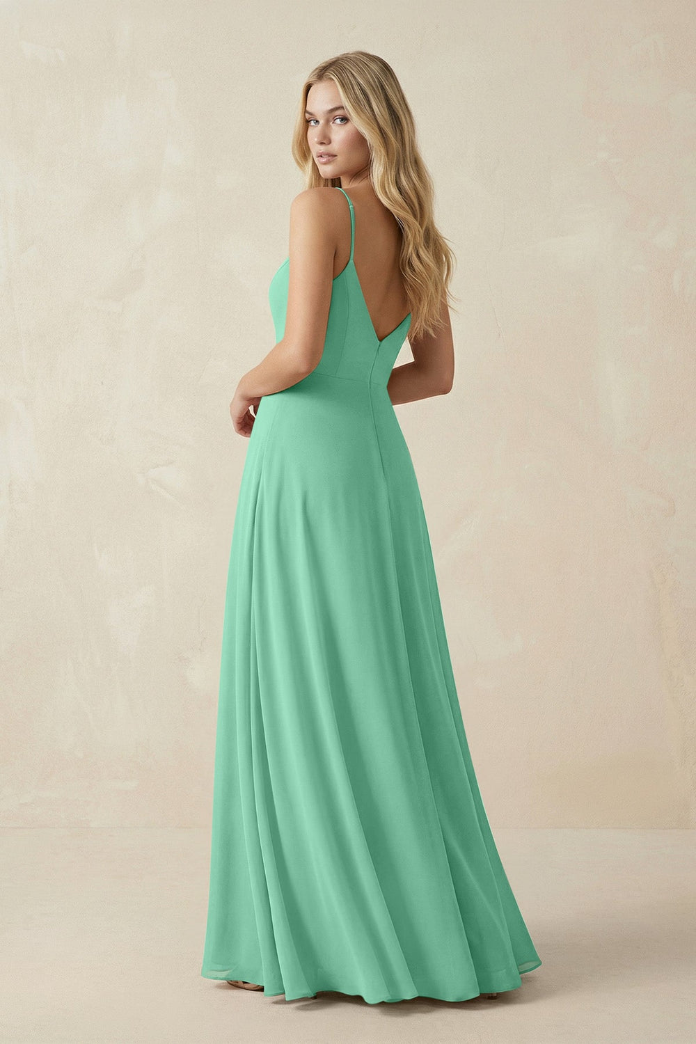 Cami Strap A-Line Chiffon Bridesmaid Dress with Slit in Turquoise - KISS BRIDAL BRIDESMAID DRESSES