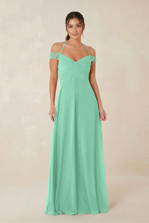 A-Line Off-the-Shoulder Chiffon Bridesmaid Dress in Turquoise - KISS BRIDAL BRIDESMAID DRESSES