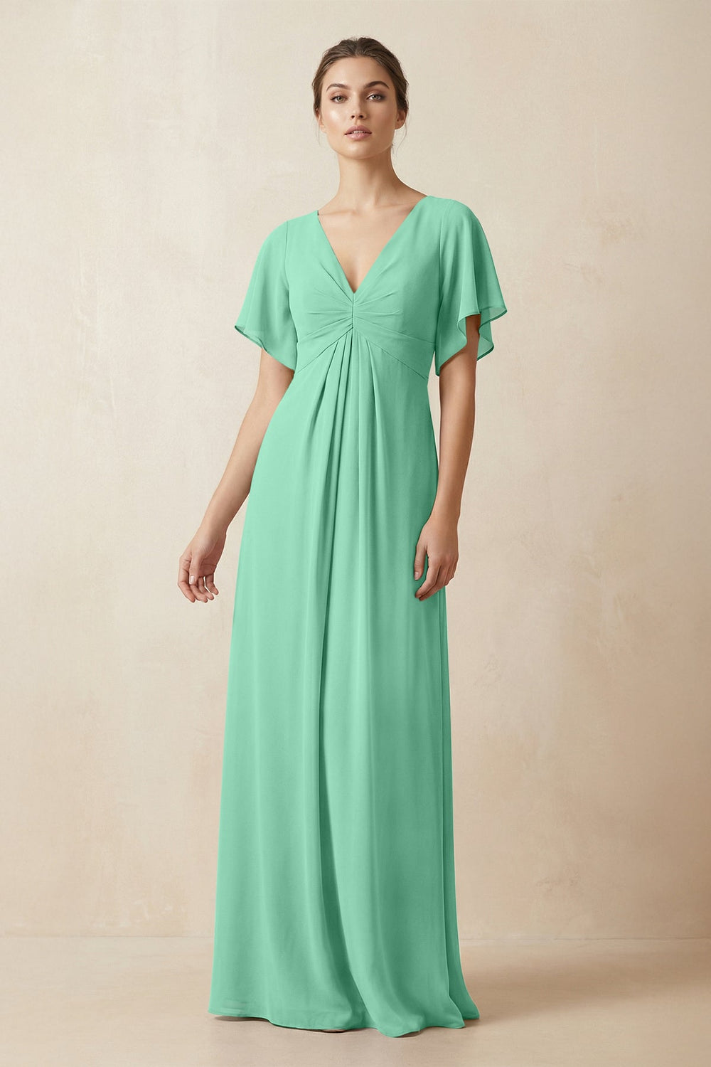 Short Sleeve V-Neck Chiffon A-Line Bridesmaid Dress in Turquoise - KISS BRIDAL BRIDESMAID DRESSES