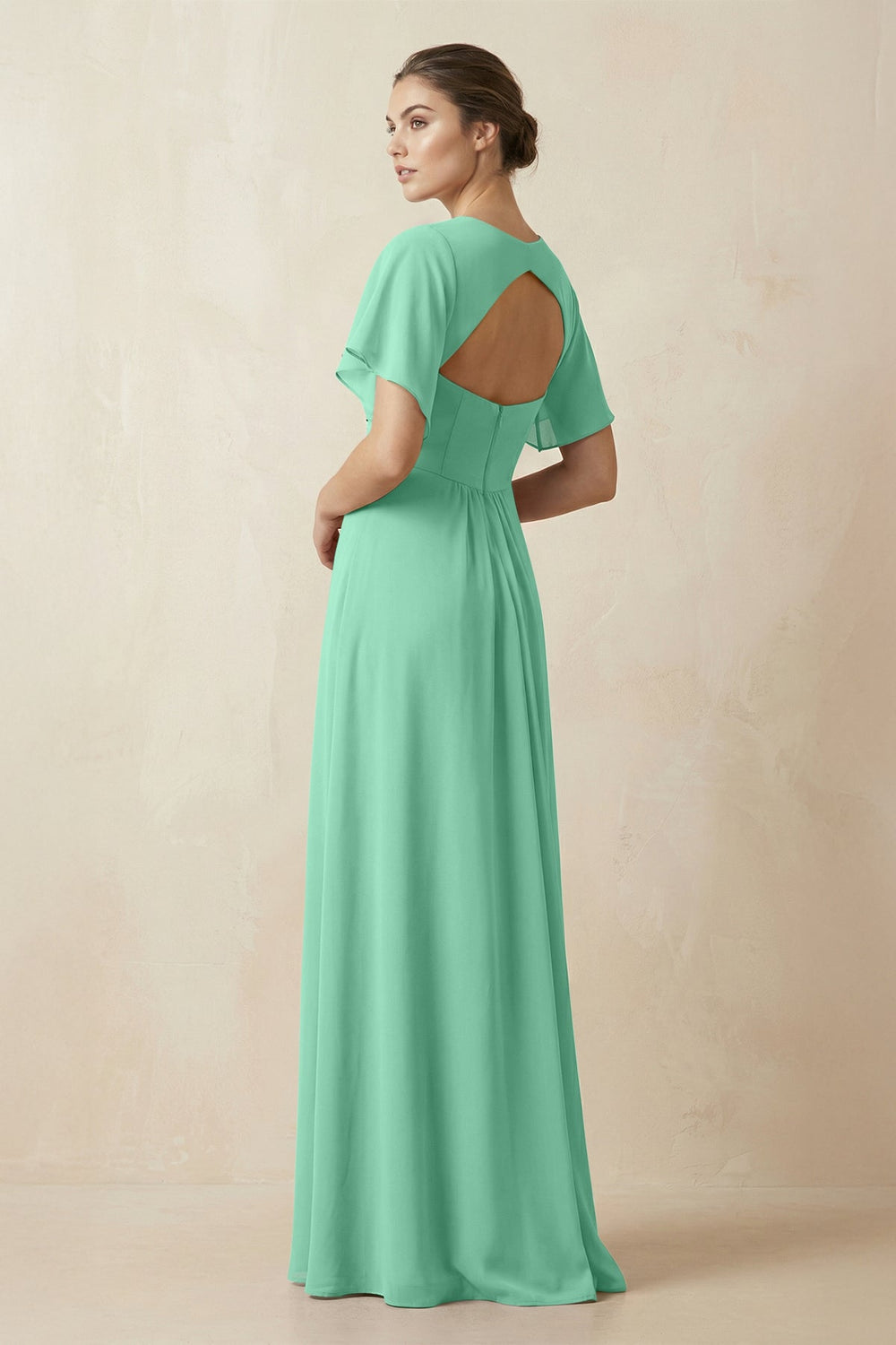 Short Sleeve V-Neck Chiffon A-Line Bridesmaid Dress in Turquoise - KISS BRIDAL BRIDESMAID DRESSES
