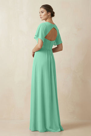 Short Sleeve V-Neck Chiffon A-Line Bridesmaid Dress in Turquoise - SHE IS ME BRIDESMAID DRESSES